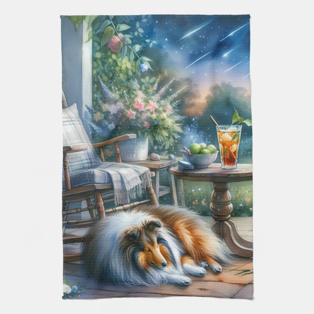 Starlit Garden Porch Sheltie Dream Kitchen Towel (Vertical)