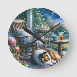 Starlit Garden Porch Sheltie Dream Round Clock