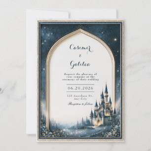Starlit Navy Castle Gothic Arch Wedding Invitation