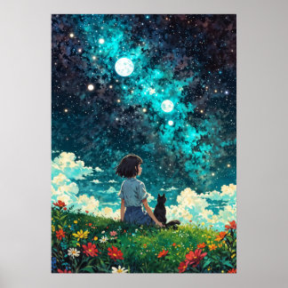 Starlit Reverie - A girl and her cat sit together  Poster