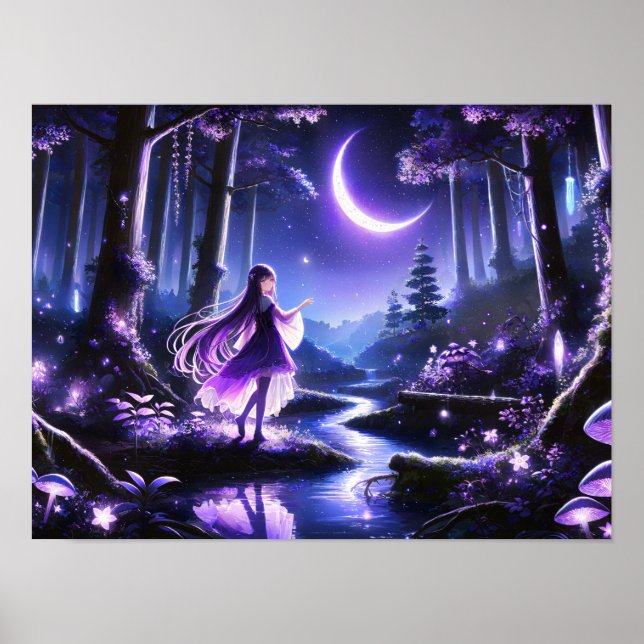Starlit Wanderer in Mystic Forest girl among glowi Poster (Front)
