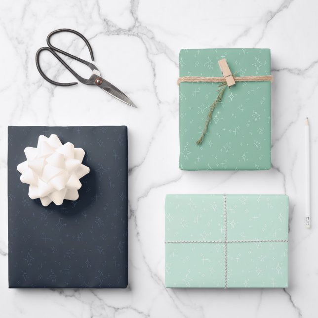 starred festive marine blue, turquoise, pastel blu wrapping paper sheet (Front)