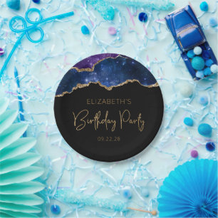 Starry Agate Geode Blue Purple Birthday Party Paper Plate