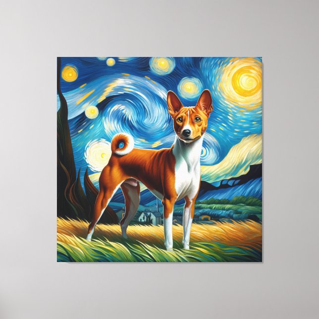 Starry Basenji Dog Portrait - Pet Portrait Canvas Print (Front)