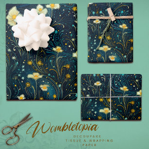 Starry Bloom Garden Blue and Gold Floral Decoupage Wrapping Paper Sheet