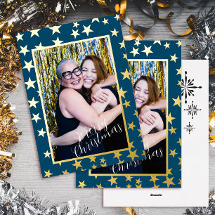 Starry Christmas Photo Dark Teal Foil Holiday Card