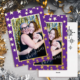 Starry Christmas Photo Purple Foil Holiday Card