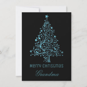 Starry Christmas Tree Black Blue Metallic Look Holiday Card