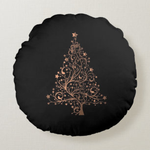 Starry Christmas Tree Black Brown Copper Elegant Round Pillow