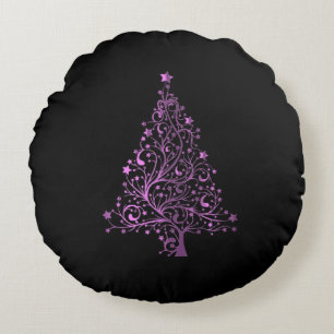 Starry Christmas Tree Black Pink Elegant Round Pillow