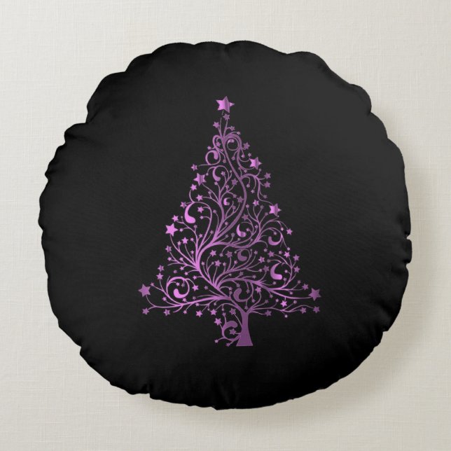 Starry Christmas Tree Black Pink Elegant Round Pillow (Front)