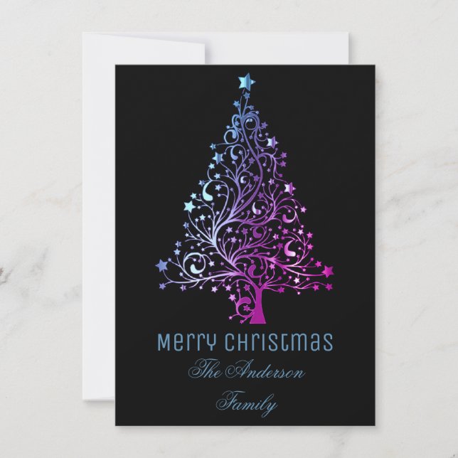 Starry Christmas Tree Rainbow Blue Pink Holiday Card (Front)