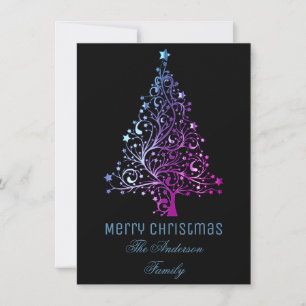 Starry Christmas Tree Rainbow Blue Pink Holiday Card