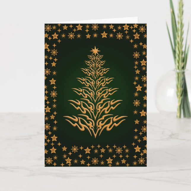 Starry élégant Arbre de Noël Carte de voeux Vert (Devant)