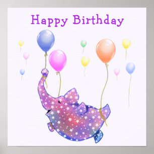 Starry Elephant Flying Colourful Balloons Birthday Poster