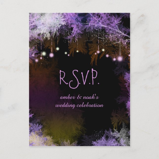 Starry Evening Forest Purple Wedding RSVP Invitation Postcard (Front)