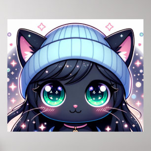 Starry-Eyed Kitten: Charming Anime Cat Poster