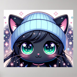Starry-Eyed Kitten: Charming Anime Cat Poster