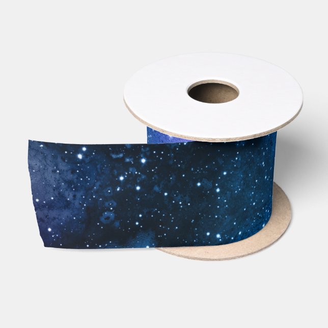 Starry Galaxy Blue Night Sky White Sparkle Pattern Satin Ribbon (Spool)
