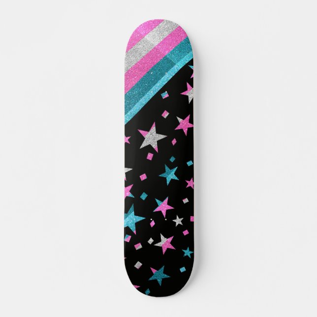 Starry Gay Pride Flag Sparkly Trans Glitter Skateboard (Front)