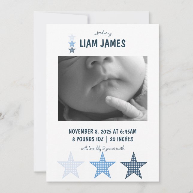 Starry Gingham Baby Boy Birth Announcement Card (Front)