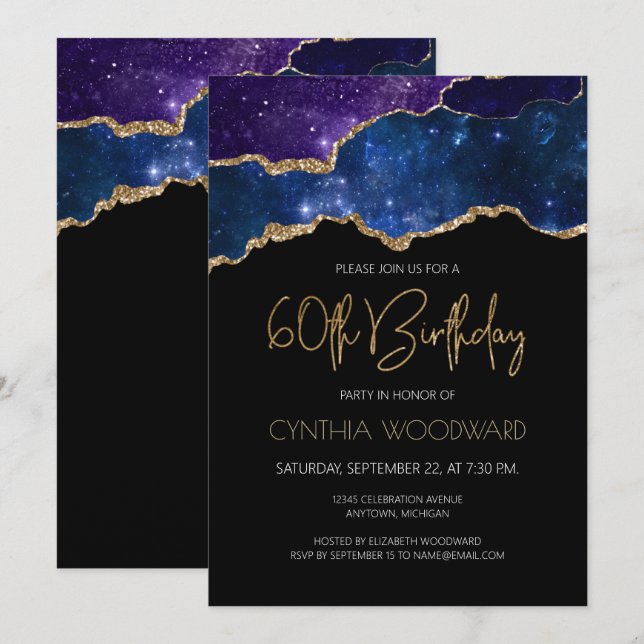 Starry Gold Agate Geode 60th Birthday Party Invitation (Front/Back)