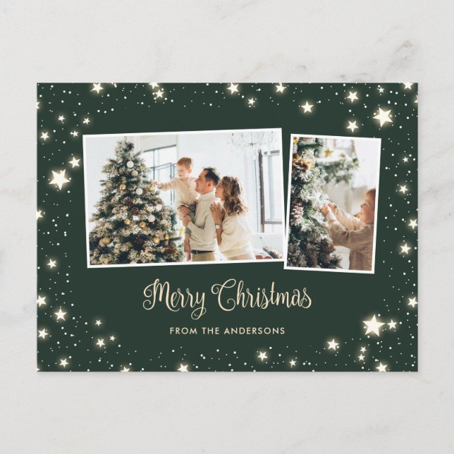 Starry Green Snow 3 Photo Merry Christmas Holiday Postcard (Front)