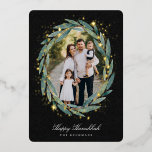 Starry Laurel | Hanukkah Photo Foil Holiday Card<br><div class="desc">Send Hanukkah greetings to friends and family in chic style with our elegant photo cards. Your favourite vertical or portrait oriented image is framed by an oval laurel wreath of green watercolor eucalyptus leaves on a rich black background accented with gold foil stars. Personalize with your custom holiday greeting and...</div>