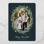 Starry Laurel | Hanukkah Photo Foil Holiday Card<br><div class="desc">Send Hanukkah greetings to friends and family in chic style with our elegant photo cards. Your favourite vertical or portrait oriented image is framed by an oval laurel wreath of green watercolor eucalyptus leaves on a dark forest green background accented with gold foil stars. Personalize with your custom holiday greeting...</div>