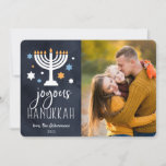 Starry Lights | Hanukkah Photo Card<br><div class="desc">Festive Hanukkah photo card features your favourite photo aligned at the right,  with "joyous Hanukkah" in white lettering on a rich navy blue background adorned with stars and a lit menorah. Personalize with your names and the year.</div>