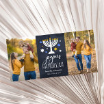Starry Lights Hanukkah Photo Card<br><div class="desc">Festive and cute Hanukkah photo card features two favourite photos. "Joyous Hanukkah" appears in the centre in white lettering on a navy blue background accented with a lit menorah and white,  blue and gold stars. Personalize with your names beneath in white lettering.</div>