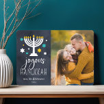 Starry Lights | Hanukkah Photo Card<br><div class="desc">Festive Hanukkah photo card features your favourite photo aligned at the right,  with "joyous Hanukkah" in white lettering on a rich navy blue background adorned with stars and a lit menorah. Personalize with your names and the year.</div>