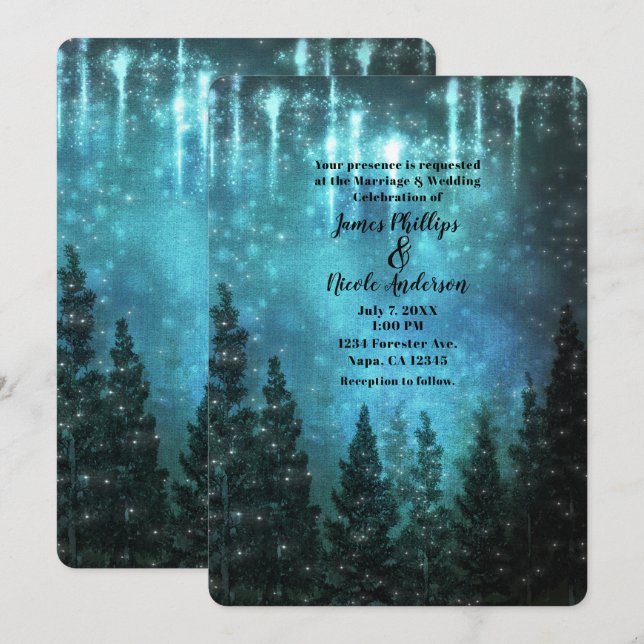 Starry Lights Rustic Pine Trees Country Wedding Invitation (Front/Back)