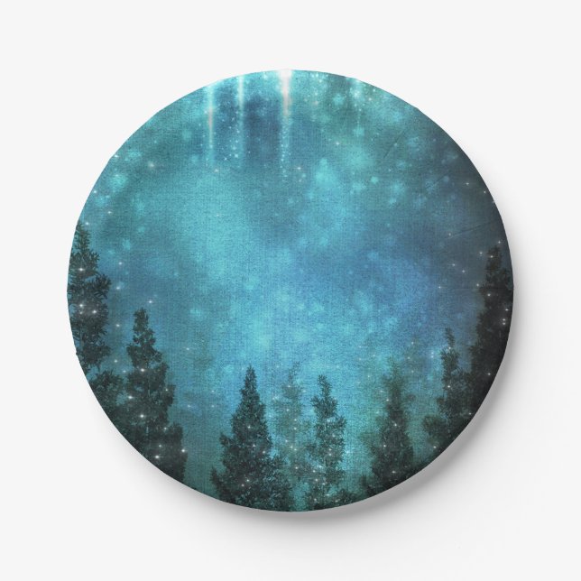 Starry Lights Rustic Pine Trees Country Wedding Paper Plate (Front)