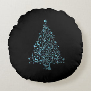 Starry Merry Christmas Tree Black Blue Elegant Round Pillow