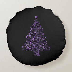 Starry Merry Christmas Tree Black Purple Elegant Round Pillow