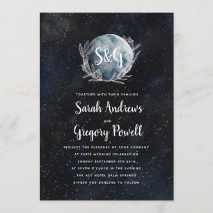 Starry Moonlit Night Monogram Wedding Invitation