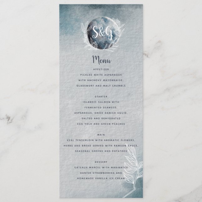 Starry Moonlit Night Monogram Wedding Menu (Front)