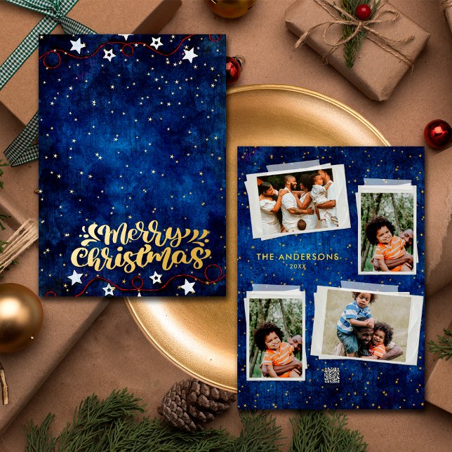 Starry Night 4 Photos Collage Merry Christmas Gold Foil Holiday Card (Front / Back)