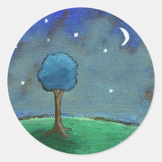 Starry Night, Abstract Landscape Tree Stars Moon Classic Round Sticker (Front)
