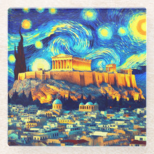 Starry Night Acropolis Athens Greece Glass Coaster