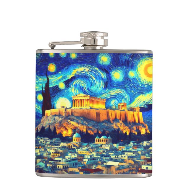 Starry Night Acropolis Athens Greece Hip Flask (Front)