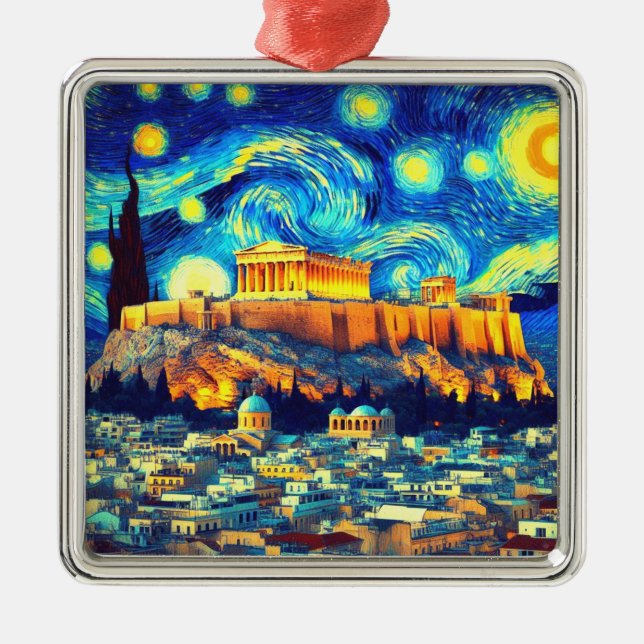 Starry Night Acropolis Athens Greece Metal Ornament (Front)