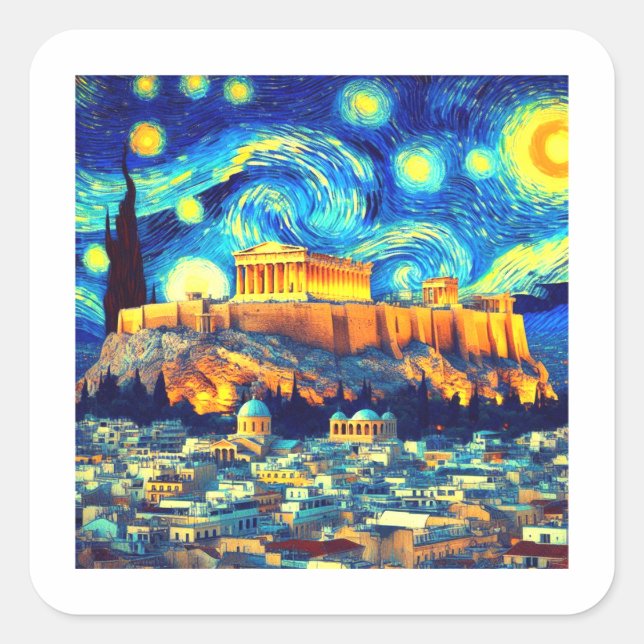 Starry Night Acropolis Athens Greece Square Sticker (Front)