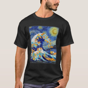 Starry Night and Great Wave Cat Cat Lover Cat Mom T-Shirt