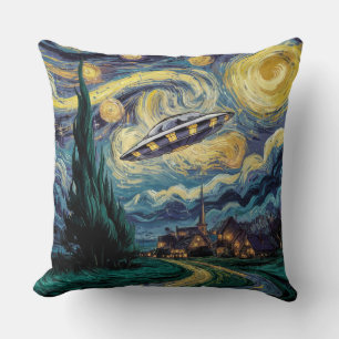 Starry Night and UFO Throw Pillow