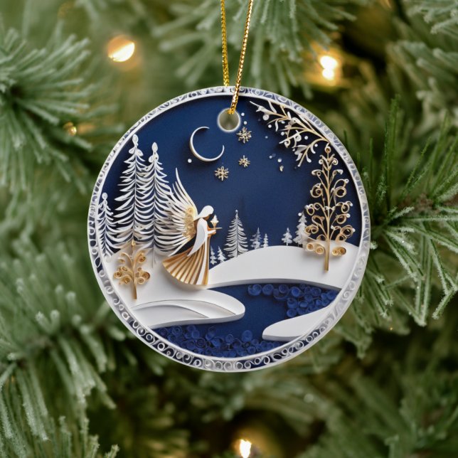 Starry Night Angel in Paper-Cut Style Ceramic Ornament (Tree)