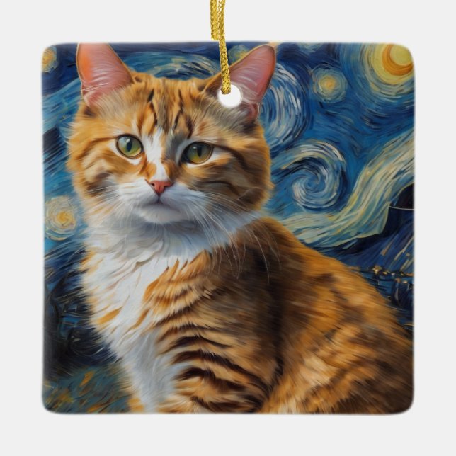 Starry Night Art With a Cat Ceramic Ornament (Front)