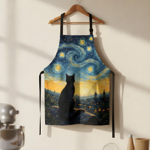Starry Night Artistic Black Cat & Celestial Town  Apron