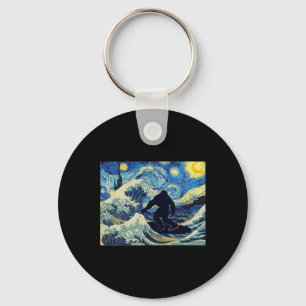 Starry Night Bigfoot Surfing Great Wave Off Kanaga Keychain
